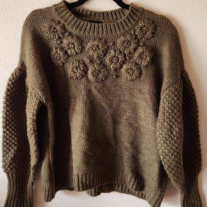 Cliche Olive Floral Knit Sweater Balloon Sleeves